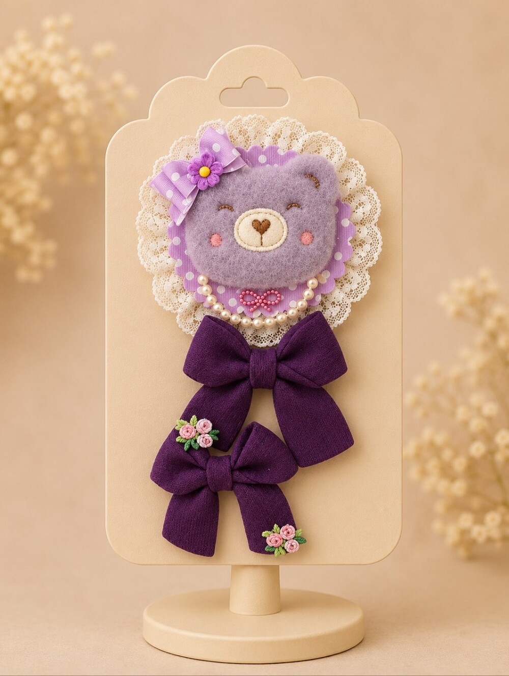 Handmade Bow Purple Bear Hair Clip Set🎀✨